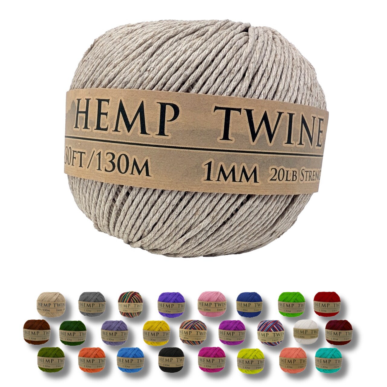 Hemptopia, Hemp Twine Ball, 430ft, 20lb test strength, Multiple colors, All Natural